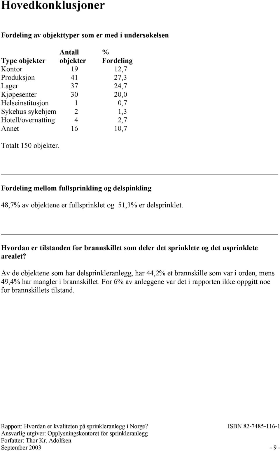 Fordeling mellom fullsprinkling og delspinkling 48,7% av objektene er fullsprinklet og 51,3% er delsprinklet.