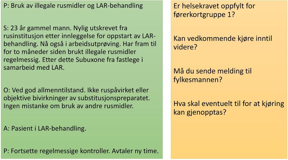 Har fram til for to måneder siden brukt illegale rusmidler regelmessig. Etter dette Subuxone fra fastlege i samarbeid med LAR.