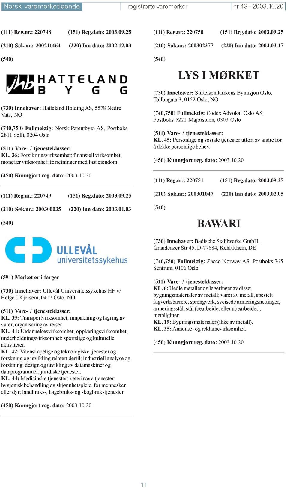 36: Forsikringsvirksomhet; finansiell virksomhet; monetær virksomhet; forretninger med fast eiendom. (111) Reg.nr.: 220749 (151) Reg.dato: 2003.09.