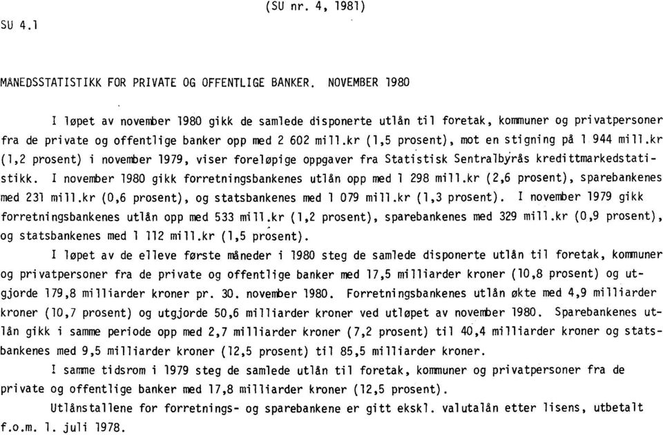 kr (1,5 prosent), mot en stigning på 1 944 mill.kr (1,2 prosent) i november 1979, viser foreløpige oppgaver fra Statistisk Sentralbyrås kredittmarkedstatistikk.