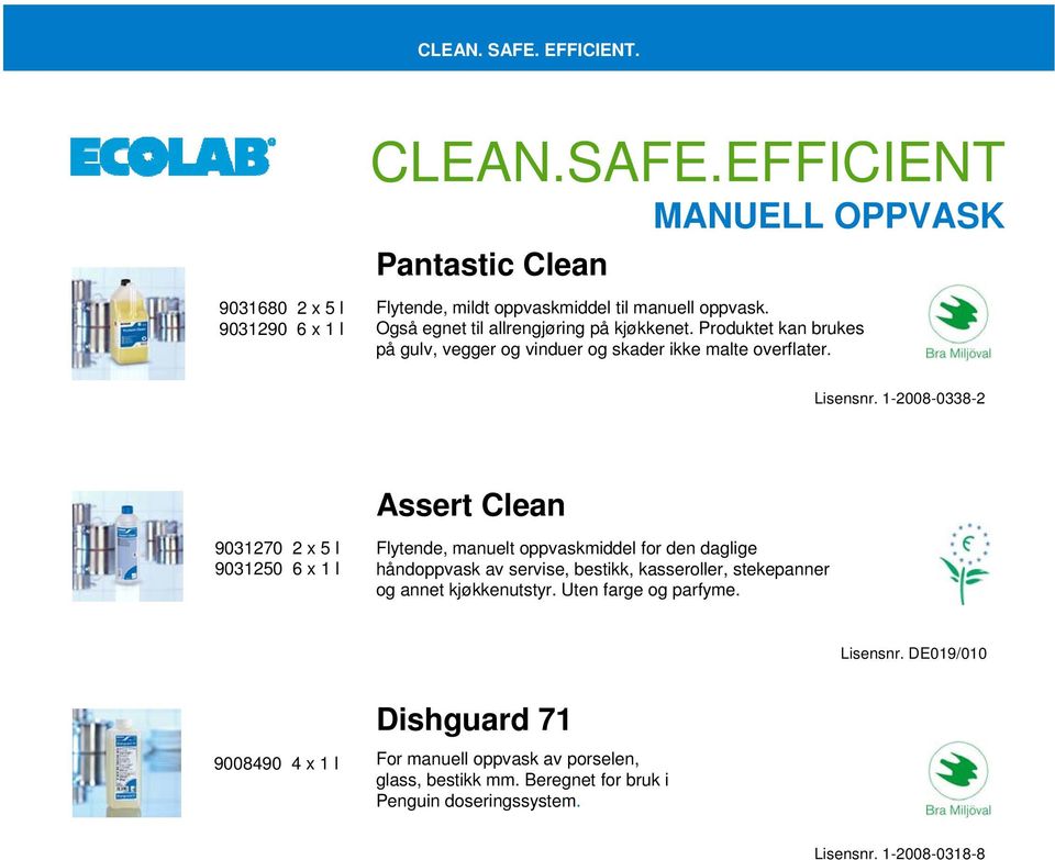 1-2008-0338-2 Assert Clean 9031270 2 x 5 l 9031250 6 x 1 l Flytende, manuelt oppvaskmiddel for den daglige håndoppvask av servise, bestikk, kasseroller,
