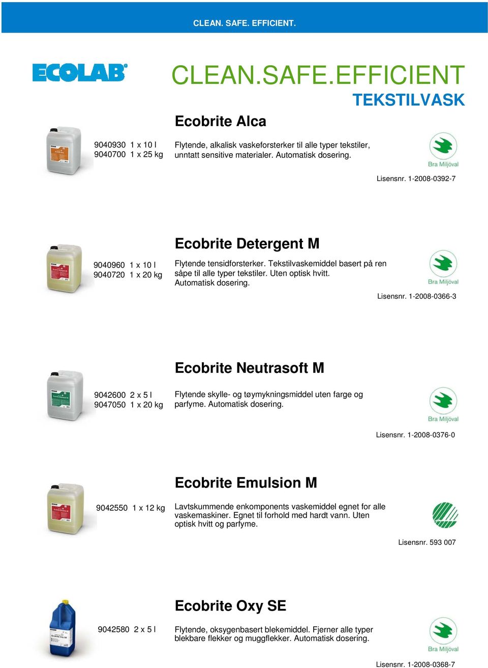 Lisensnr. 1-2008-0366-3 Ecobrite Neutrasoft M 9042600 2 x 5 l 9047050 1 x 20 kg Flytende skylle- og tøymykningsmiddel uten farge og parfyme. Automatisk dosering. Lisensnr.