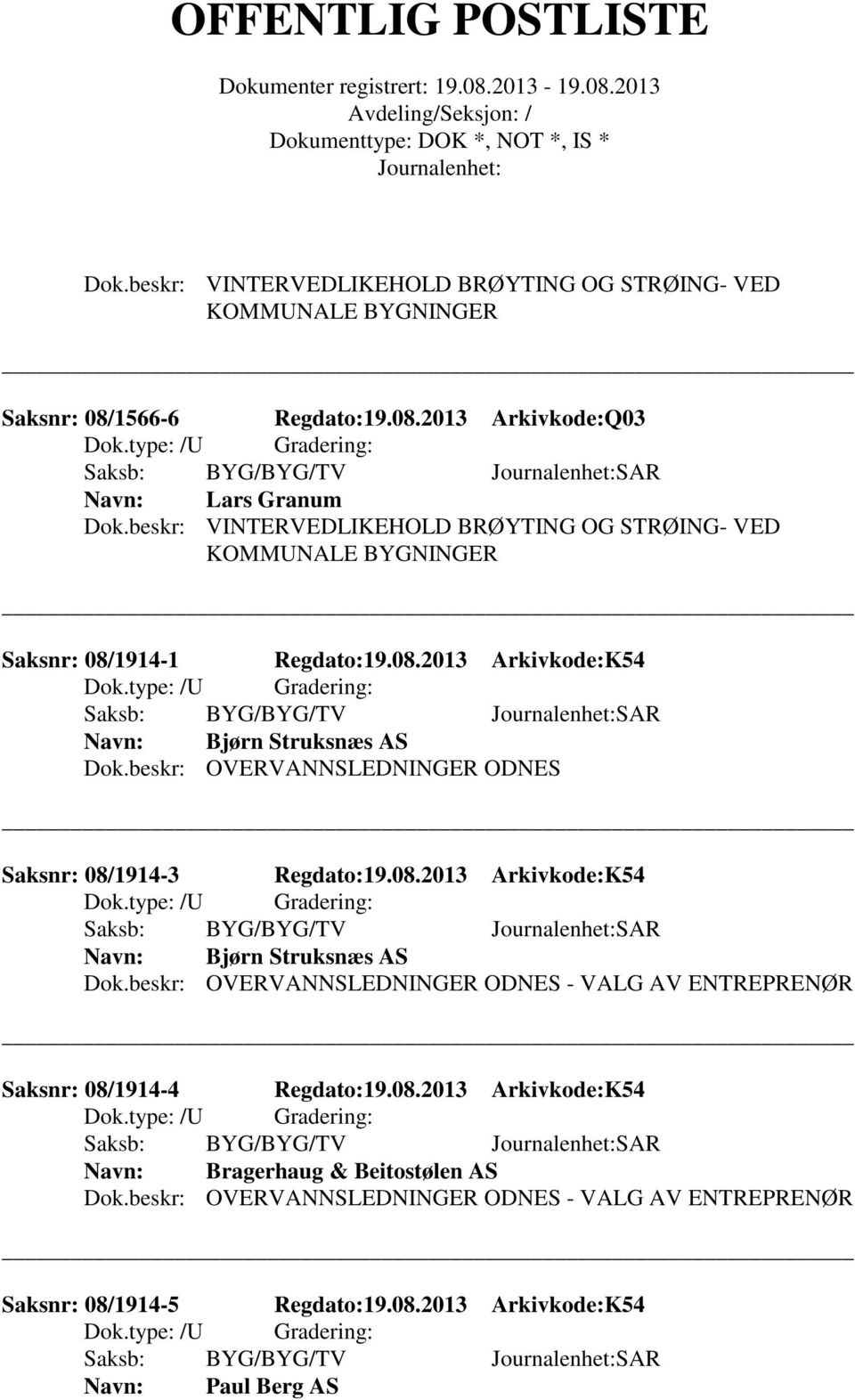 beskr: OVERVANNSLEDNINGER ODNES Saksnr: 08/1914-3 Regdato:19.08.2013 Arkivkode:K54 Saksb: BYG/BYG/TV SAR Bjørn Struksnæs AS Dok.