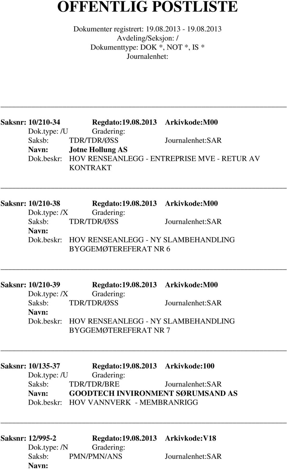 beskr: HOV RENSEANLEGG - NY SLAMBEHANDLING BYGGEMØTEREFERAT NR 6 Saksnr: 10/210-39 Regdato:19.08.2013 Arkivkode:M00 Dok.type: /X Gradering: Saksb: TDR/TDR/ØSS SAR Dok.