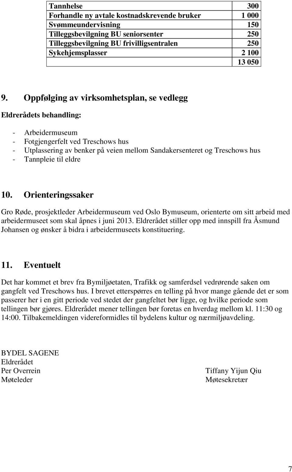 Oppfølging av virksomhetsplan, se vedlegg - Arbeidermuseum - Fotgjengerfelt ved Treschows hus - Utplassering av benker på veien mellom Sandakersenteret og Treschows hus - Tannpleie til eldre 10.