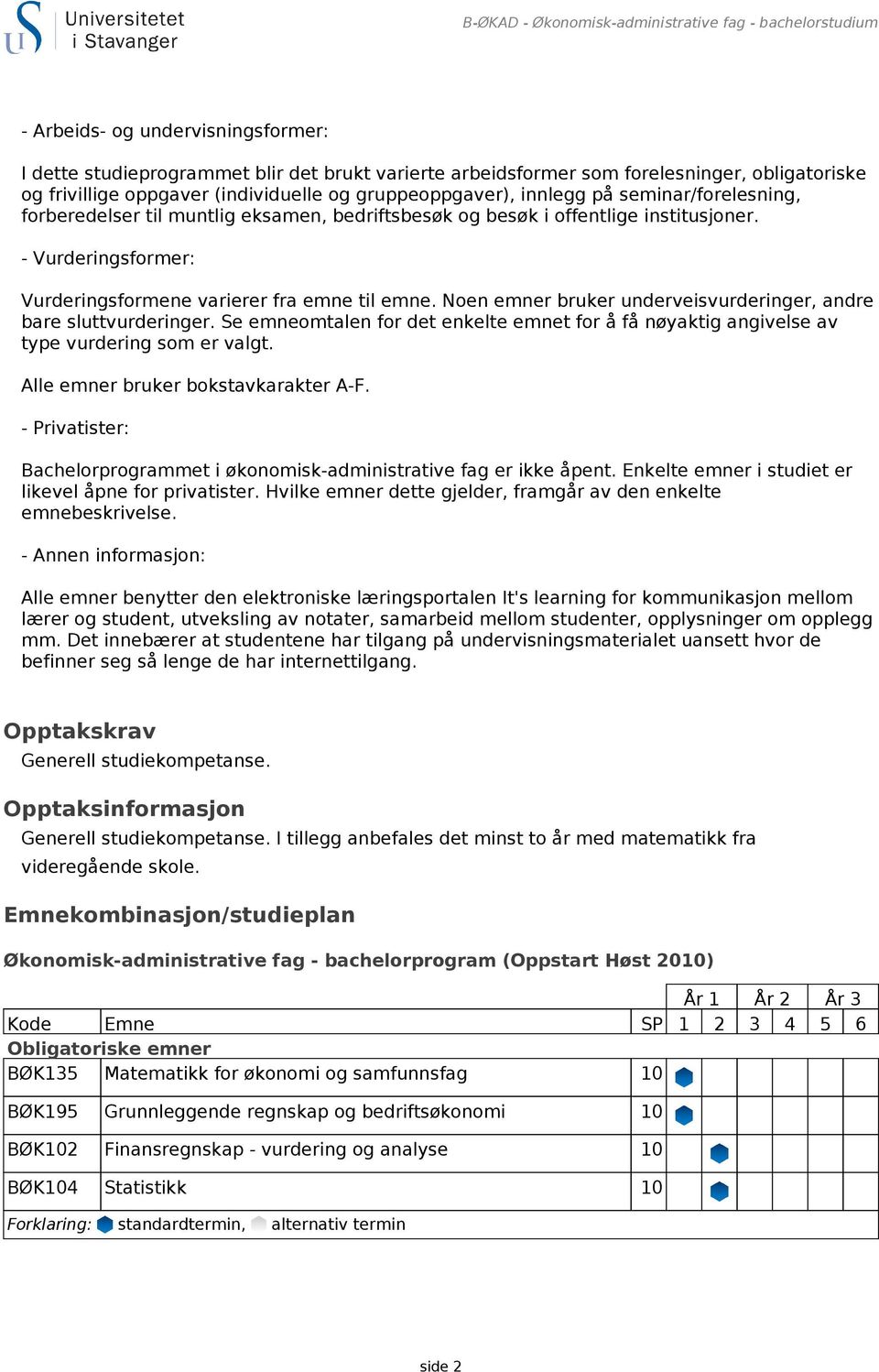 - Vurderingsformer: Vurderingsformene varierer fra emne til emne. Noen emner bruker underveisvurderinger, andre bare sluttvurderinger.