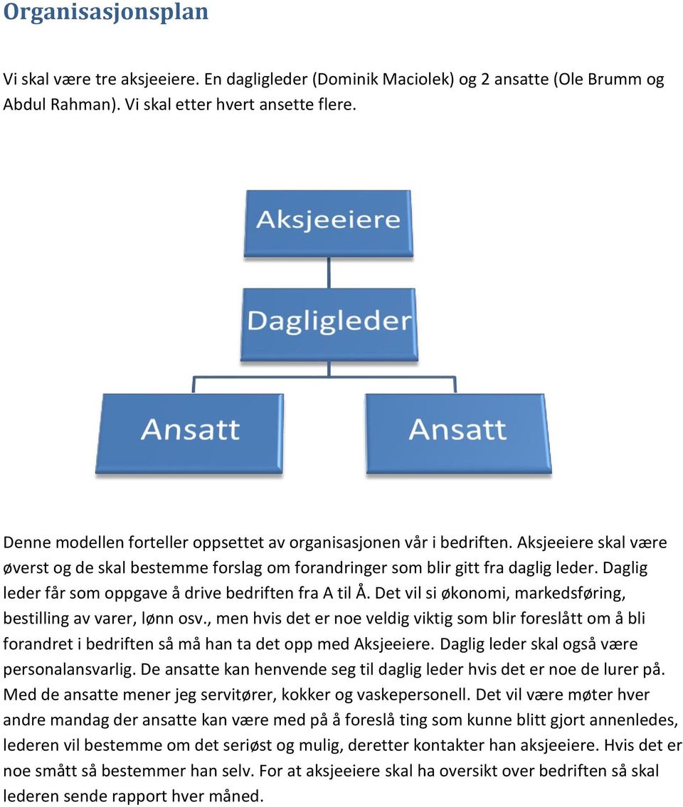 Daglig leder får som oppgave å drive bedriften fra A til Å. Det vil si økonomi, markedsføring, bestilling av varer, lønn osv.