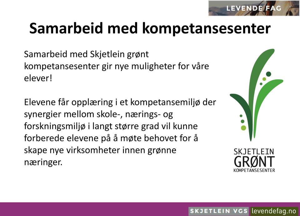 Elevene får opplæring i et kompetansemiljø der synergier mellom skole-, nærings-