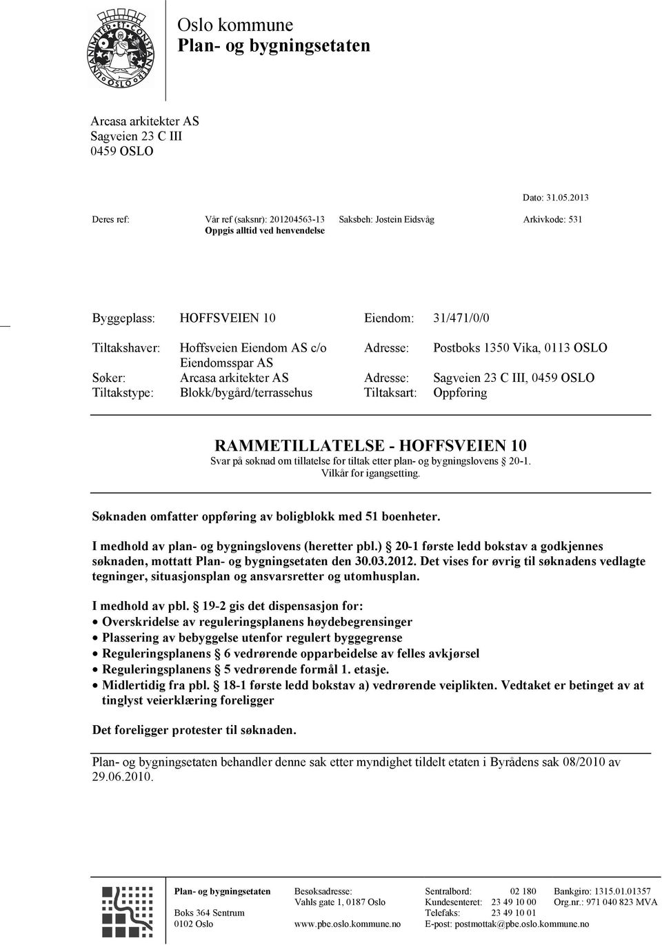 c/o Adresse: Postboks 1350 Vika, 0113 OSLO Eiendomsspar AS Søker: Arcasa arkitekter AS Adresse: Sagveien 23 C III, 0459 OSLO Tiltakstype: Blokk/bygård/terrassehus Tiltaksart: Oppføring