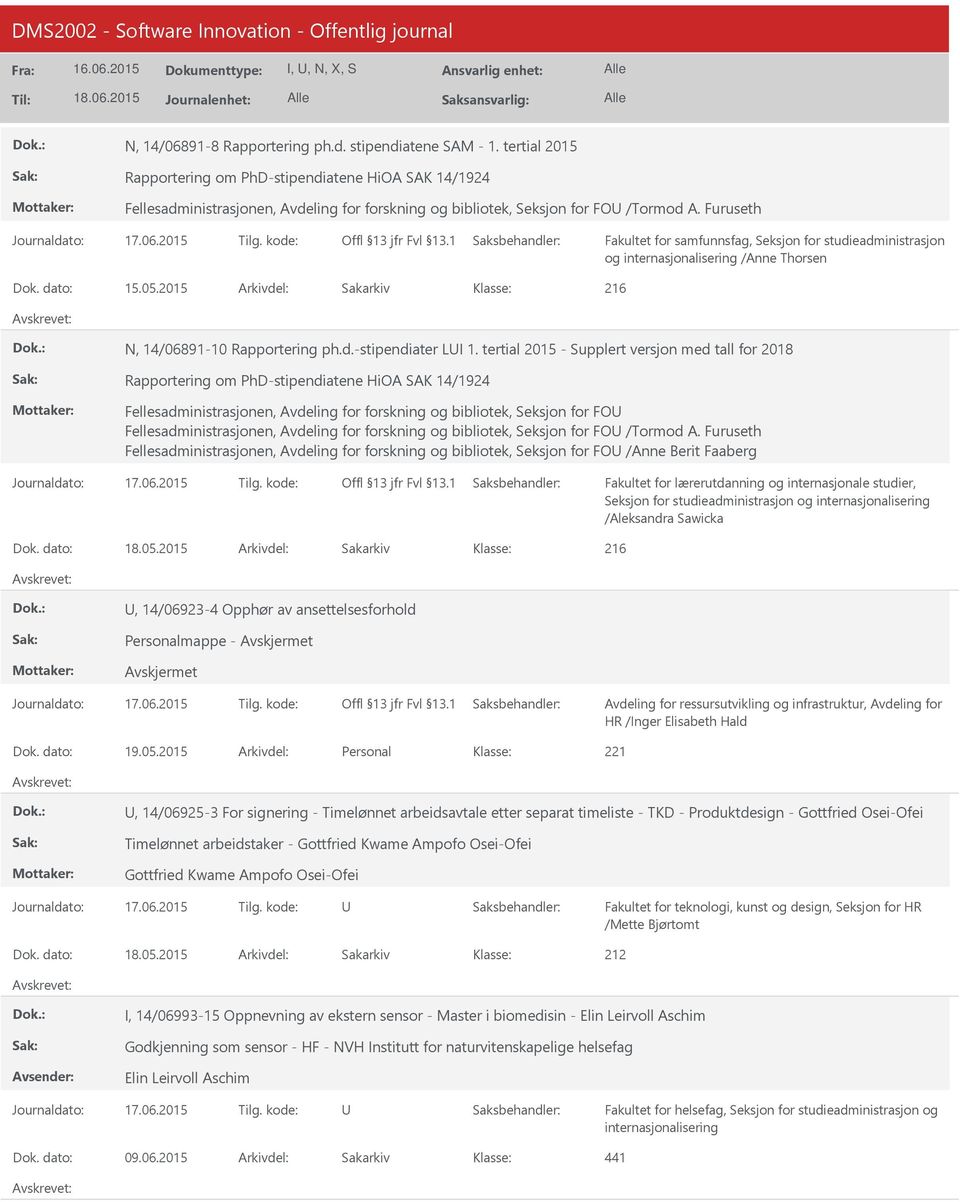 Furuseth Fakultet for samfunnsfag, Seksjon for studieadministrasjon og internasjonalisering /Anne Thorsen Dok. dato: 15.05.2015 Arkivdel: Sakarkiv 216 N, 14/06891-10 Rapportering ph.d.-stipendiater LI 1.