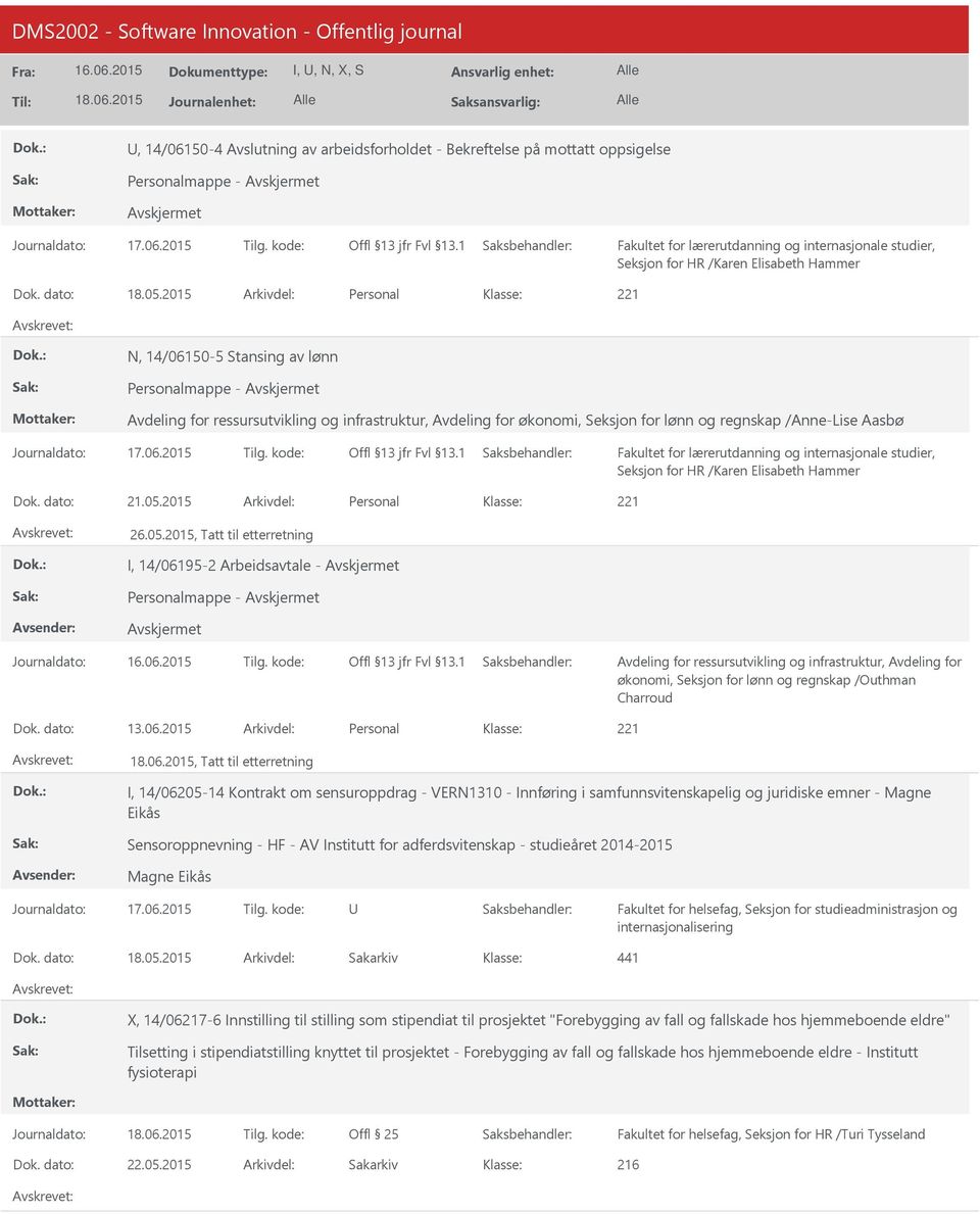 2015 Arkivdel: Personal 26.05.2015, Tatt til etterretning I, 14/06195-2 Arbeidsavtale - Personalmappe - Journaldato: Tilg. kode: økonomi, Seksjon for lønn og regnskap /Outhman Charroud Dok. dato: 13.