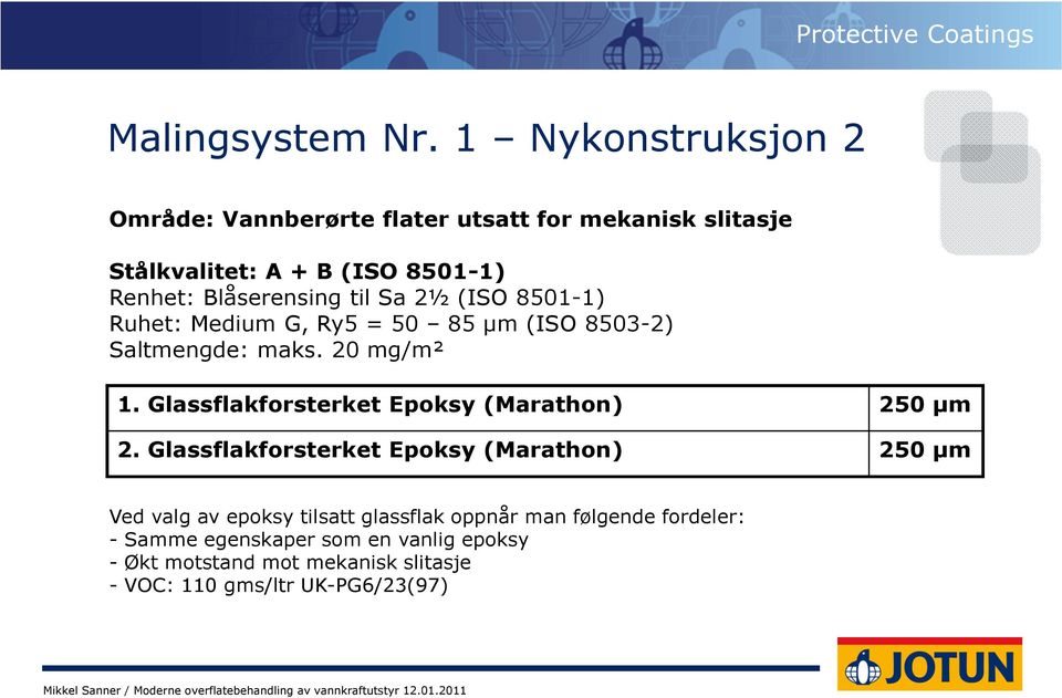 til Sa 2½ (ISO 8501-1) Ruhet: Medium G, Ry5 = 50 85 µm (ISO 8503-2) Saltmengde: maks. 20 mg/m² 1.