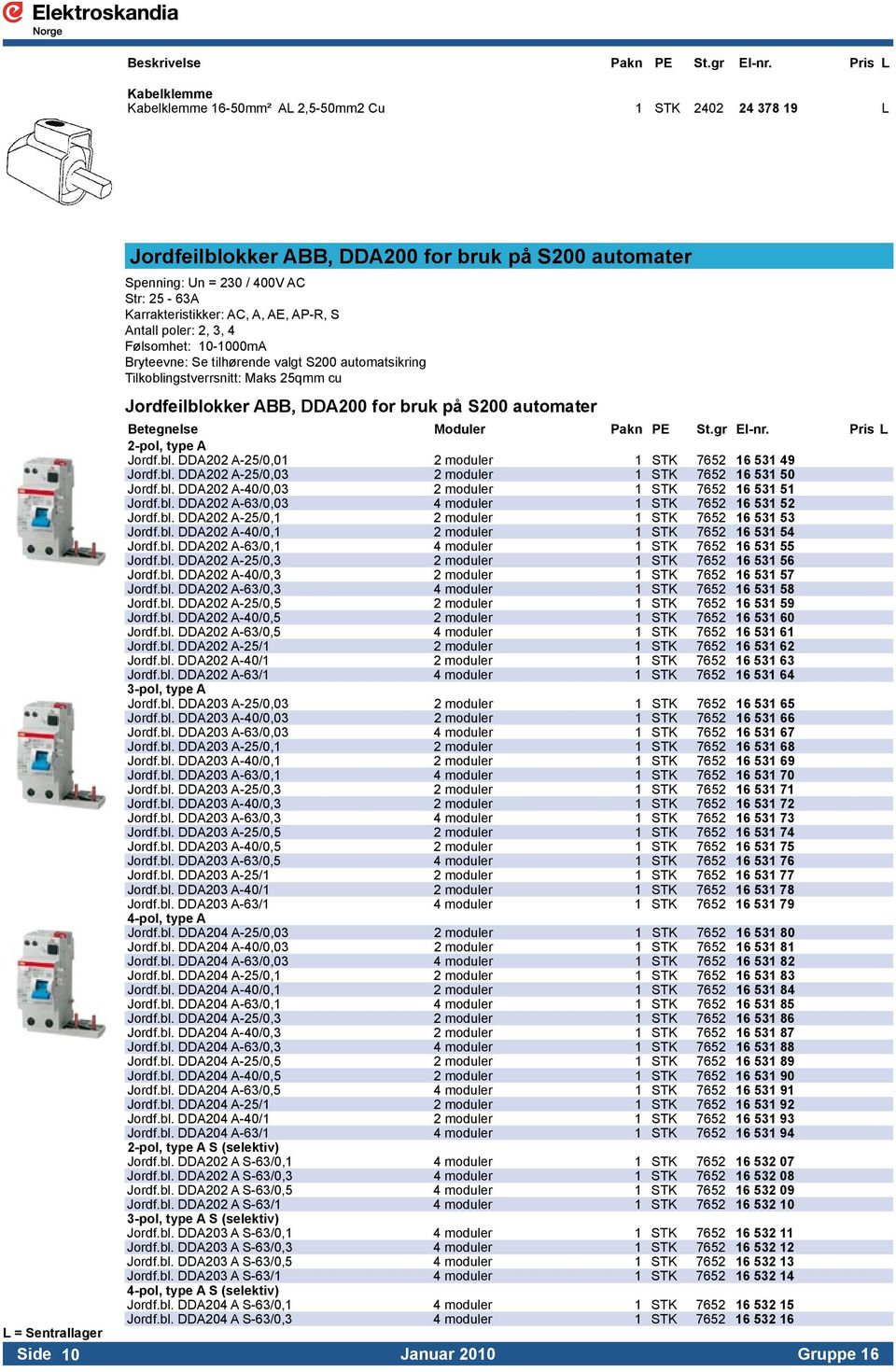 automater Betegnelse Moduler Pakn PE St.gr El-nr. Pris L 2-pol, type A Jordf.bl. DDA202 A-25/0,01 2 moduler 1 STK 7652 16 531 49 Jordf.bl. DDA202 A-25/0,03 2 moduler 1 STK 7652 16 531 50 Jordf.bl. DDA202 A-40/0,03 2 moduler 1 STK 7652 16 531 51 Jordf.