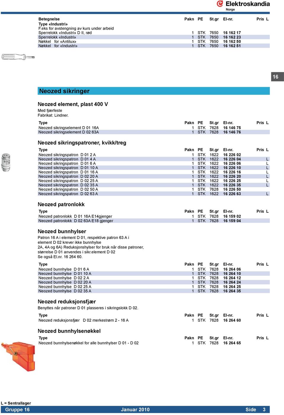 «Industri» 1 STK 7650 16 162 51 16 Neozed sikringer Neozed element, plast 400 V Med fjærfeste Fabrikat: Lindner. Type Pakn PE St.gr El-nr.