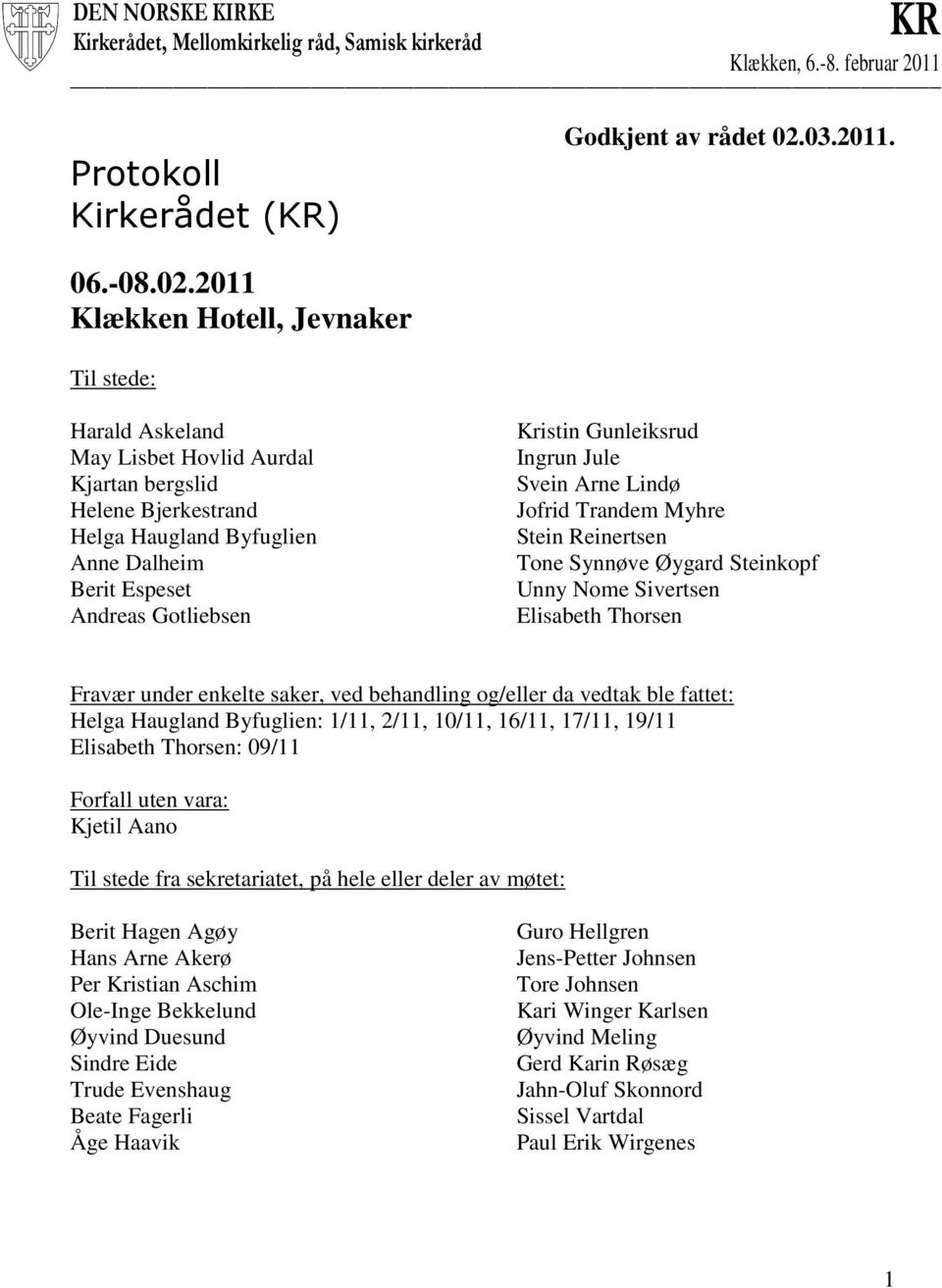 2011 Klækken Hotell, Jevnaker Til stede: Harald Askeland May Lisbet Hovlid Aurdal Kjartan bergslid Helene Bjerkestrand Helga Haugland Byfuglien Anne Dalheim Berit Espeset Andreas Gotliebsen Kristin