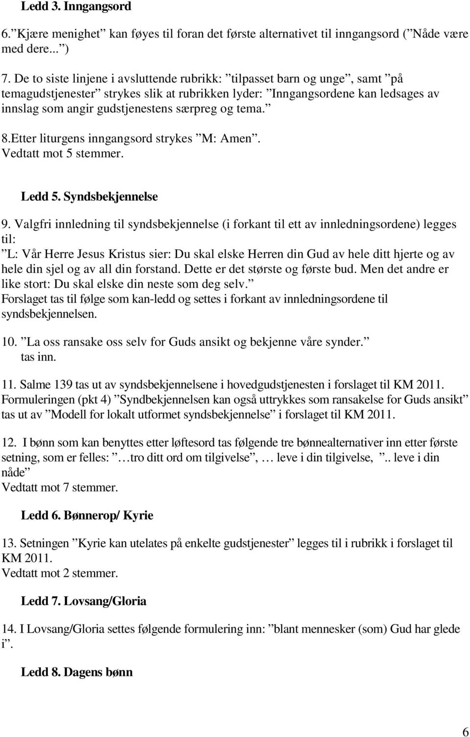 og tema. 8.Etter liturgens inngangsord strykes M: Amen. Vedtatt mot 5 stemmer. Ledd 5. Syndsbekjennelse 9.