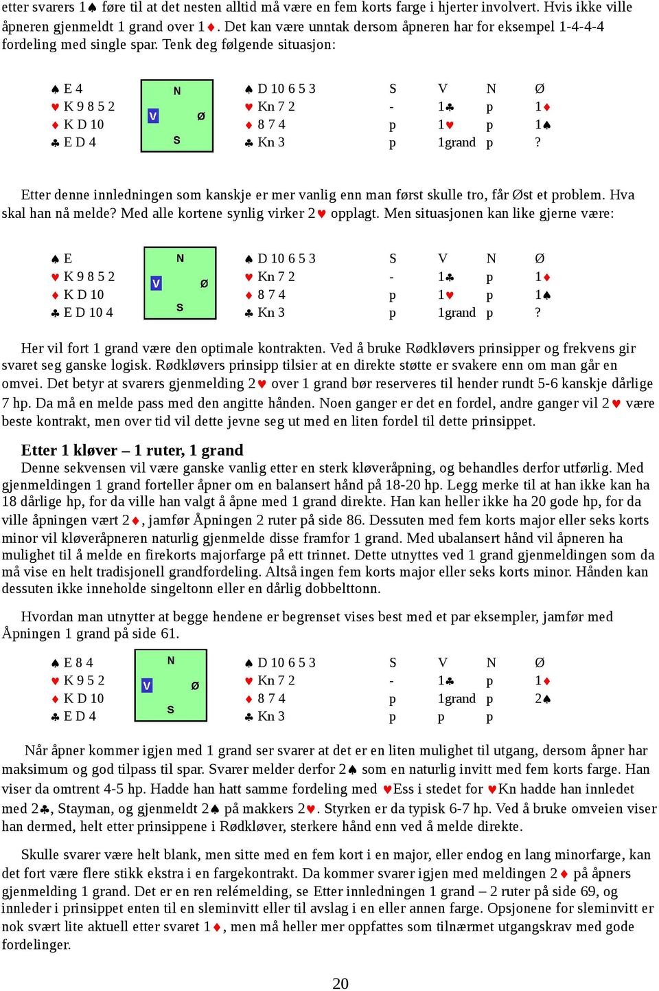 Tenk deg følgende situasjon: E 4 D 10 6 5 3 S V N Ø K 9 8 5 2 Kn 7 2-1 p 1 K D 10 8 7 4 p 1 p 1 E D 4 Kn 3 p 1grand p?