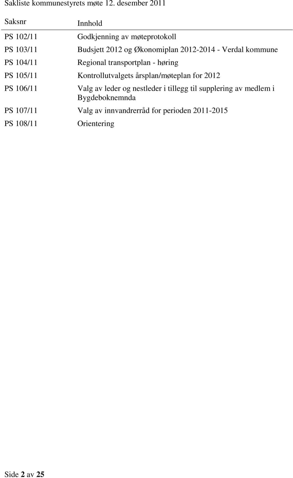 Økonomiplan 2012-2014 - Verdal kommune Regional transportplan - høring PS 105/11 Kontrollutvalgets