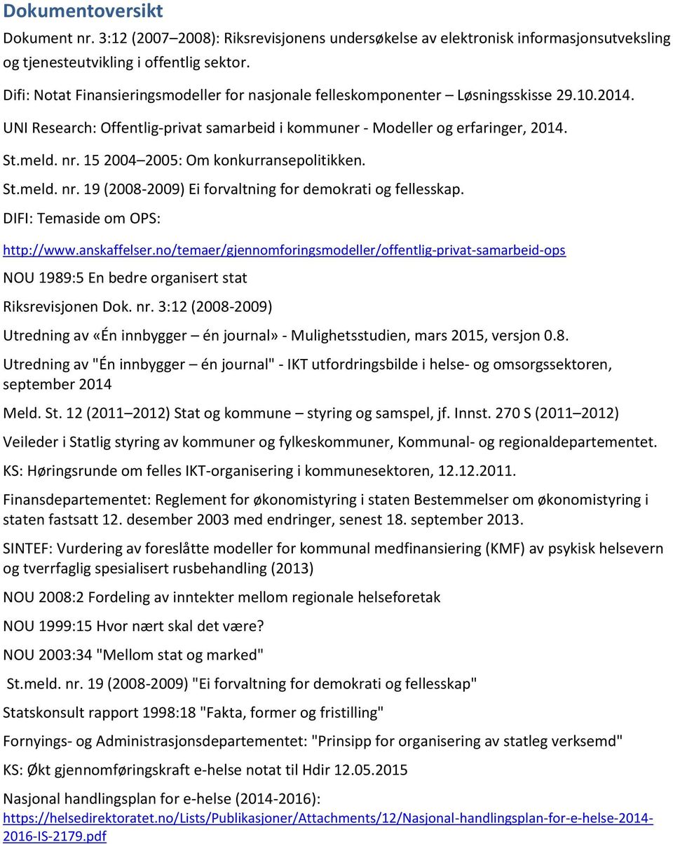 15 2004 2005: Om konkurransepolitikken. St.meld. nr. 19 (2008-2009) Ei forvaltning for demokrati og fellesskap. DIFI: Temaside om OPS: http://www.anskaffelser.