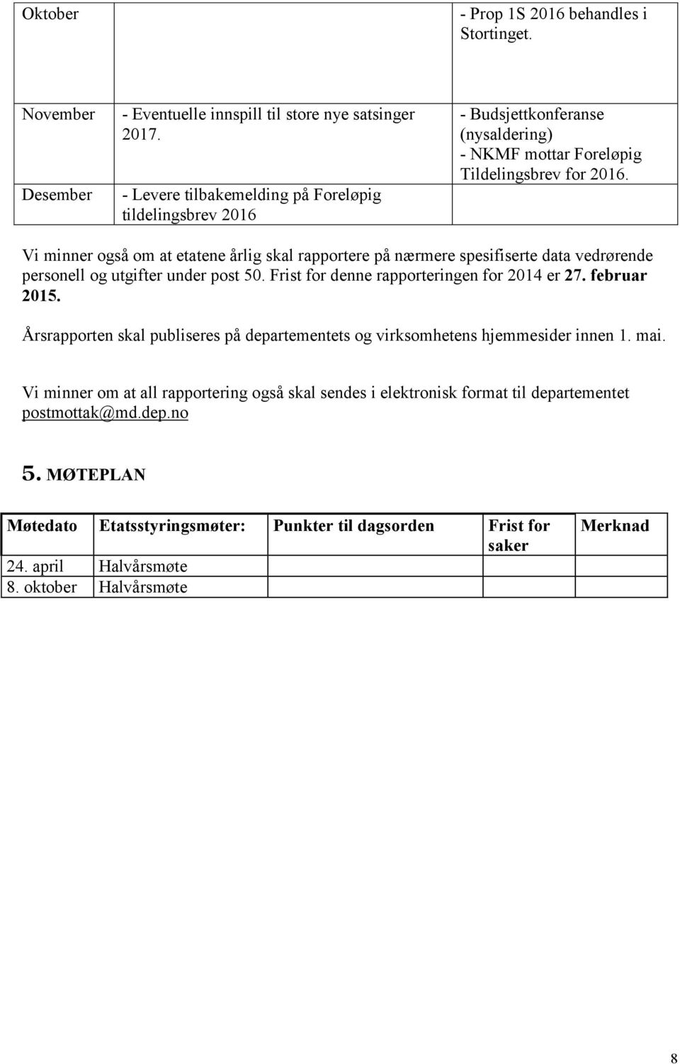 Vi minner også om at etatene årlig skal rapportere på nærmere spesifiserte data vedrørende personell og utgifter under post 50. Frist for denne rapporteringen for 2014 er 27. februar 2015.