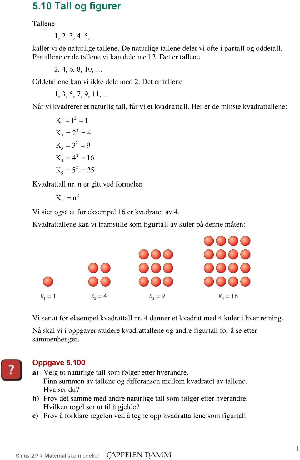 nr n er gitt ved formelen Kn n Vi sier også at for eksempel 16 er kvadratet av 4 Kvadrattallene kan vi framstille som figurtall av kuler på denne måten: Vi ser at for eksempel kvadrattall nr 4 danner