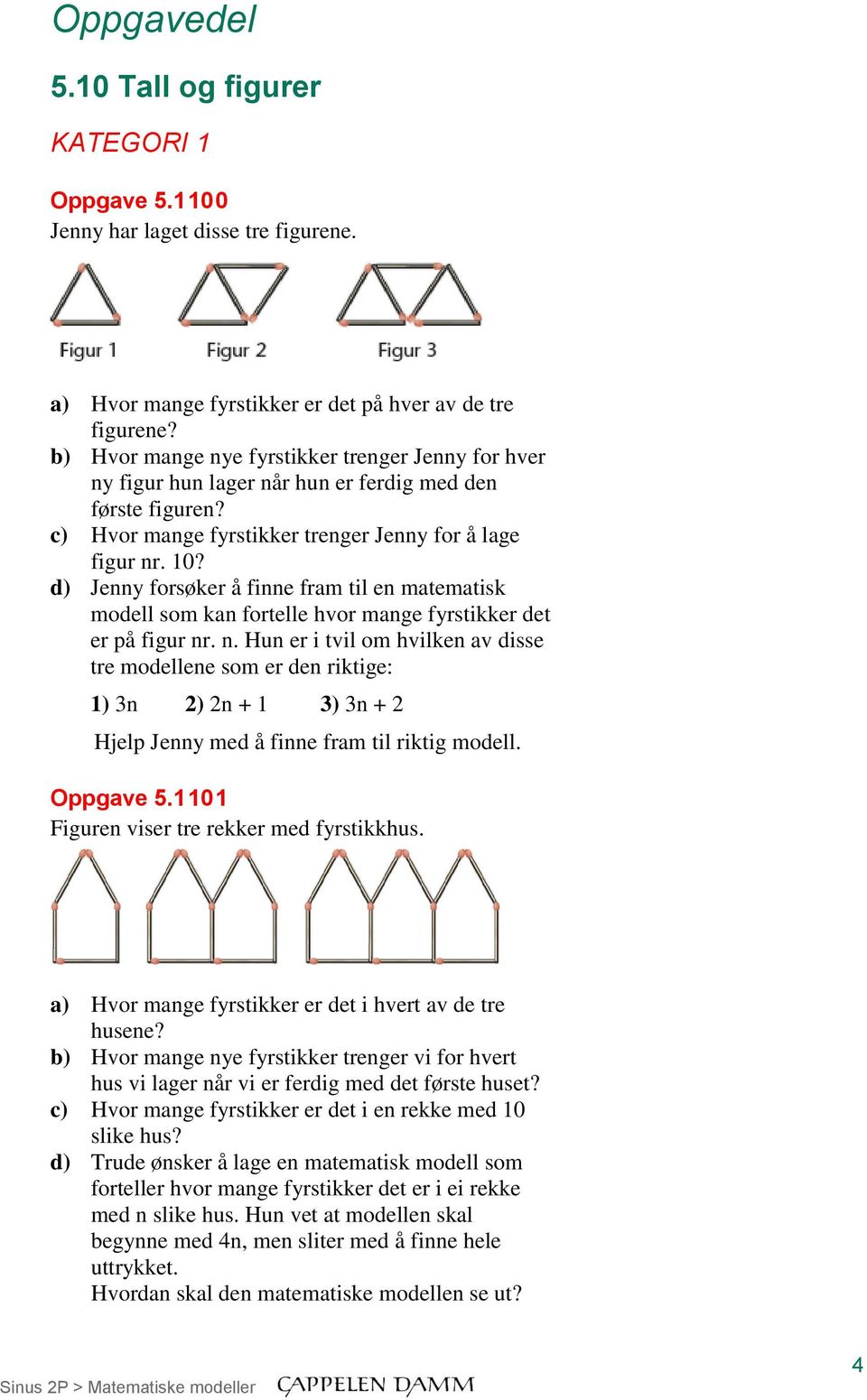 d) Jenny forsøker å finne fram til en matematisk modell som kan fortelle hvor mange fyrstikker det er på figur nr n Hun er i tvil om hvilken av disse tre modellene som er den riktige: 1) 3n ) n + 1