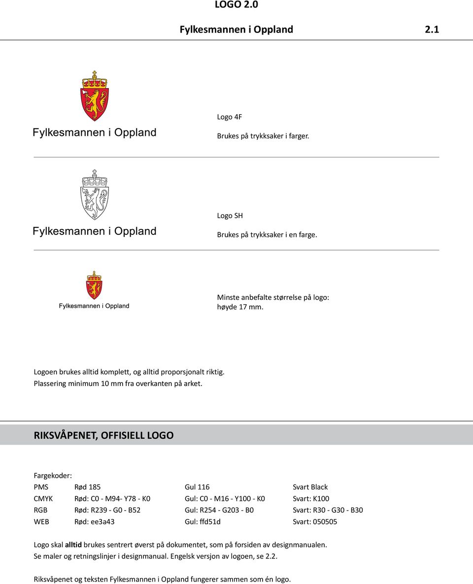 FAKTA RIKSVÅPENET, OFFISIELL LOGO Fargekoder: PMS Rød 185 Gul 116 Svart Black CMYK Rød: C0 - M94- Y78 - K0 Gul: C0 - M16 - Y100 - K0 Svart: K100 RGB Rød: R239 - G0 - B52 Gul: R254 - G203 - B0