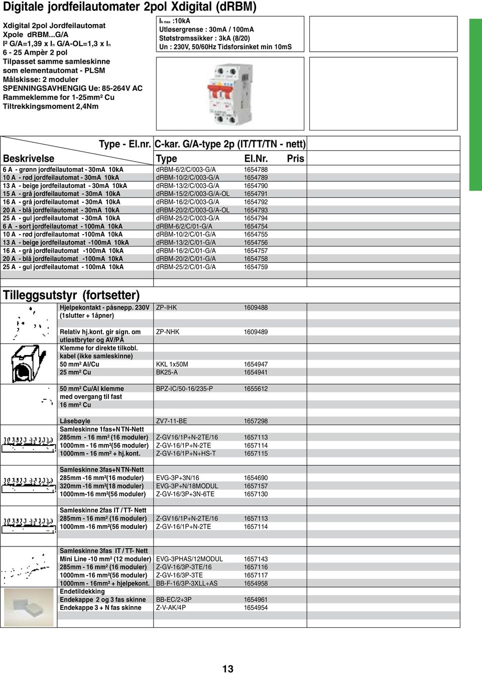 Tiltrekkingsmoment 2,4Nm Ik max :10kA Utløsergrense : 30mA / 100mA Støtstrømssikker : 3kA (8/20) Un : 230V, 50/60Hz Tidsforsinket min 10mS Type - El.nr. C-kar.
