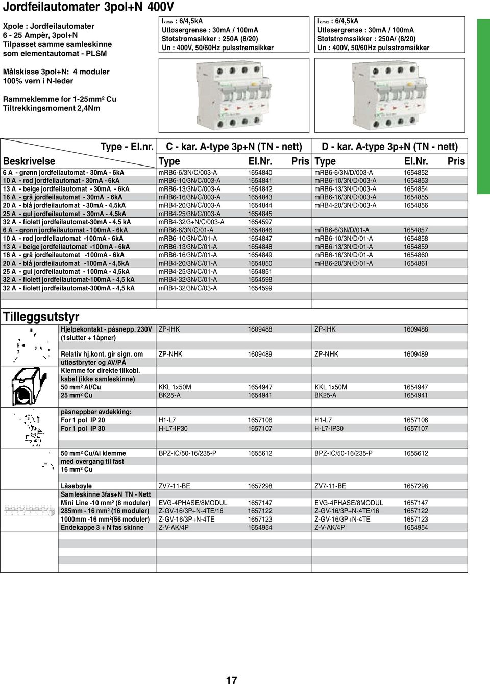 N-leder Rammeklemme for 1-25mm² Cu Tiltrekkingsmoment 2,4Nm Type - El.nr. C - kar. A-type 3p+N (TN - nett) D - kar. A-type 3p+N (TN - nett) Beskrivelse Type El.Nr.