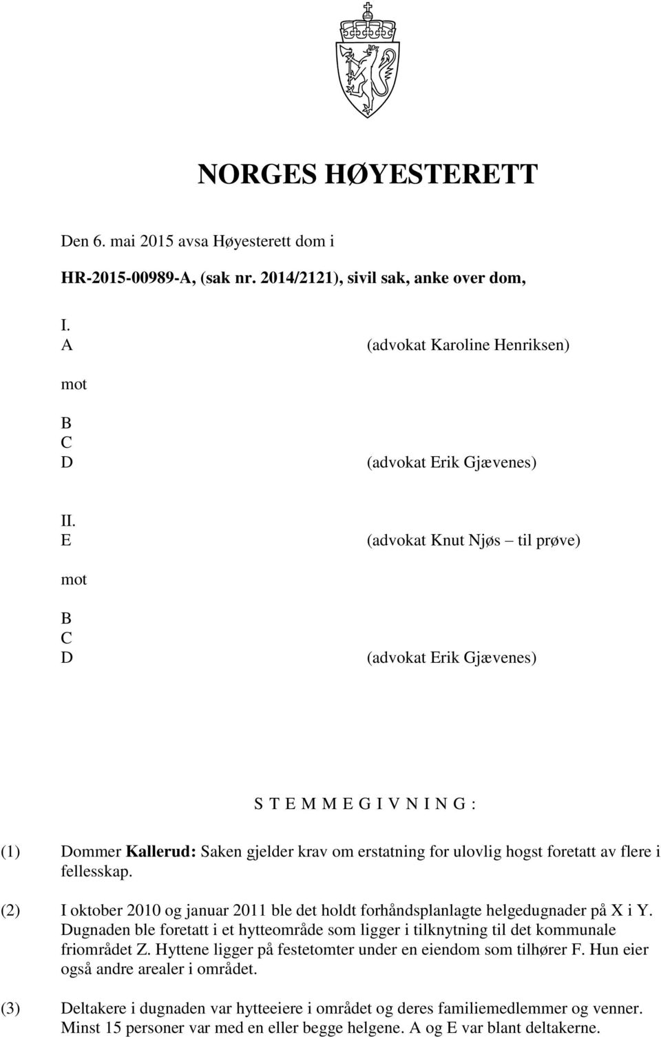 (2) I oktober 2010 og januar 2011 ble det holdt forhåndsplanlagte helgedugnader på X i Y. Dugnaden ble foretatt i et hytteområde som ligger i tilknytning til det kommunale friområdet Z.