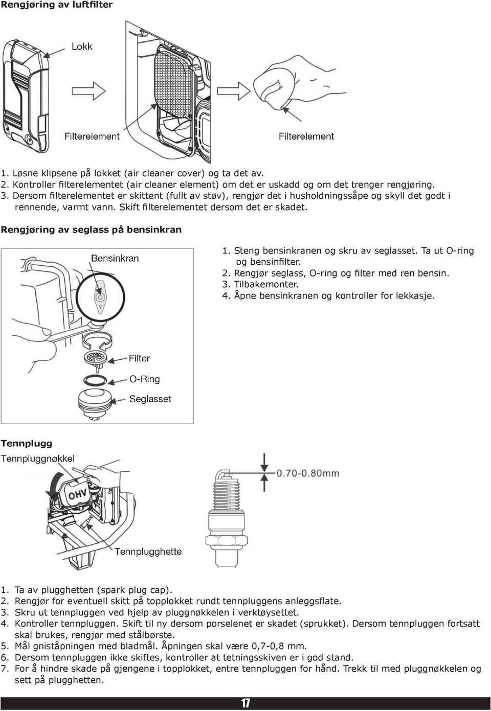 Rengjøring av seglass på bensinkran 1. Steng bensinkranen og skru av seglasset. Ta ut O-ring og bensinfilter. 2. Rengjør seglass, O-ring og filter med ren bensin. 3. Tilbakemonter. 4.