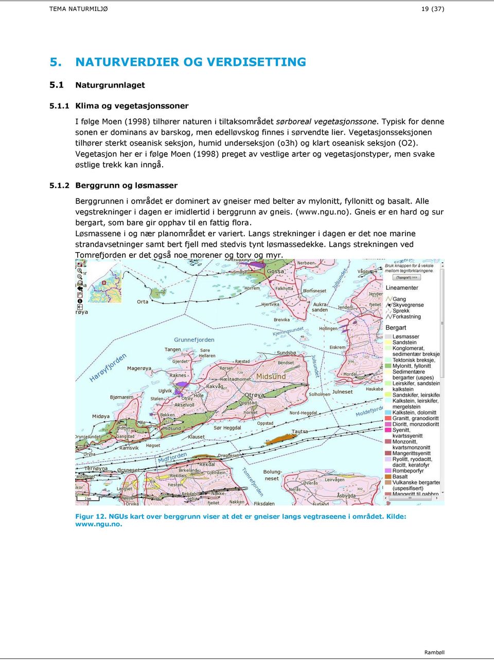 Vegetasjon her er i følge Moen (1998) preget av vestlige arter og vegetasjonstyper, men svake østlige trekk kan inngå. 5.1.2 Berggrunn og løsmasser Berggrunnen i området er dominert av gneiser med belter av mylonitt, fyllonitt og basalt.