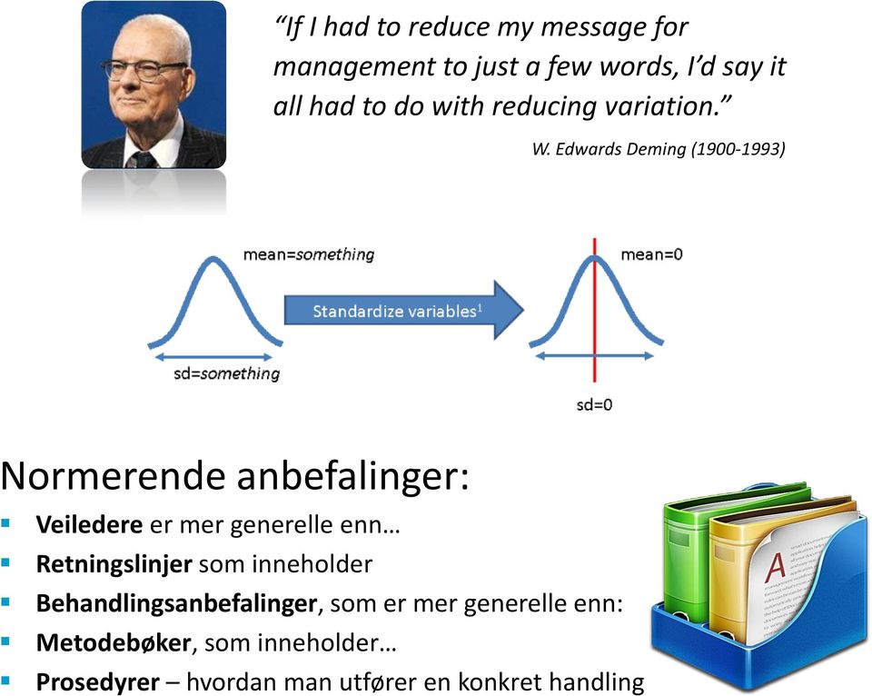 Edwards Deming (1900-1993) Normerende anbefalinger: Veiledere er mer generelle enn