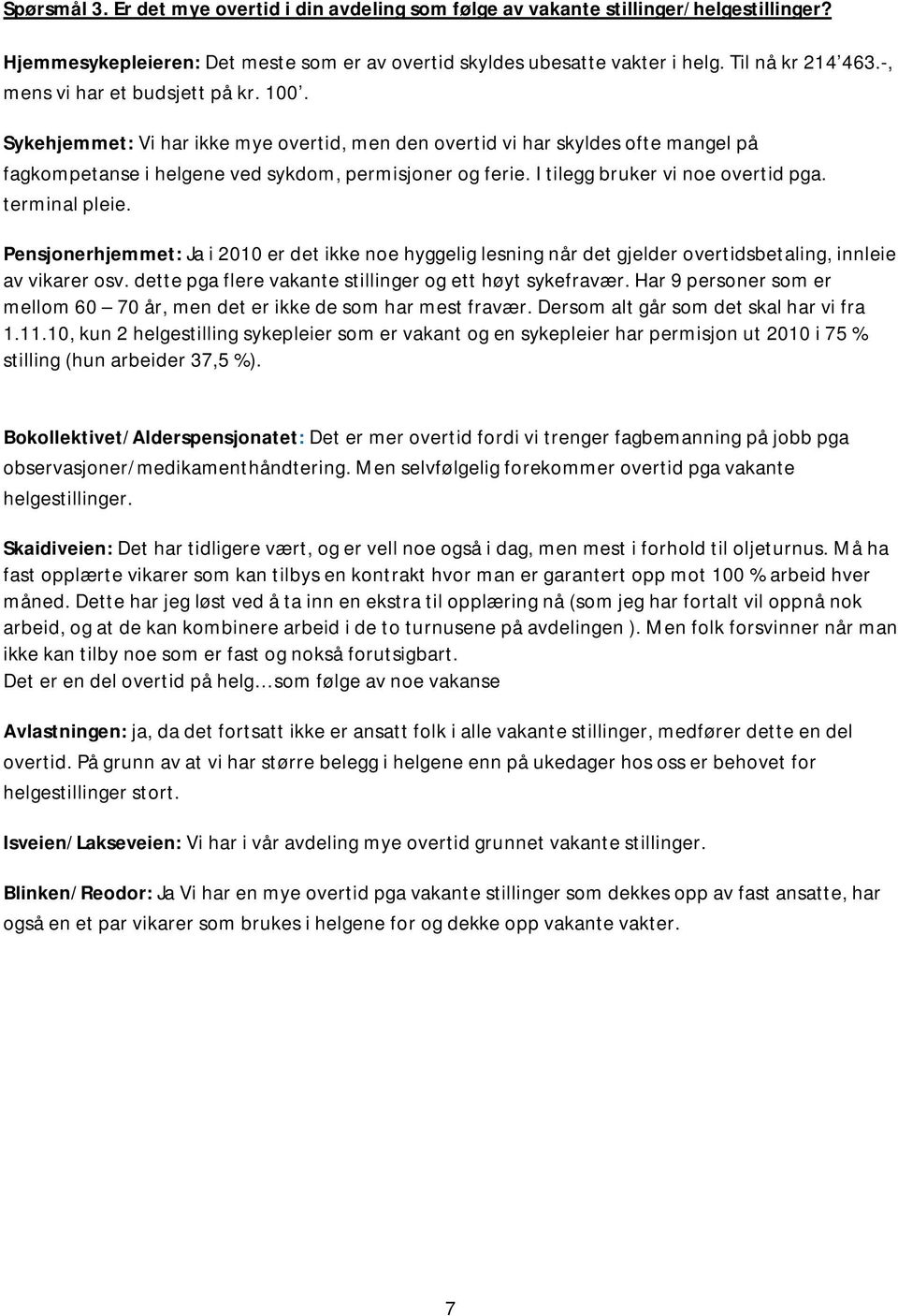 I tilegg bruker vi noe overtid pga. terminal pleie. Pensjonerhjemmet: Ja i 2010 er det ikke noe hyggelig lesning når det gjelder overtidsbetaling, innleie av vikarer osv.