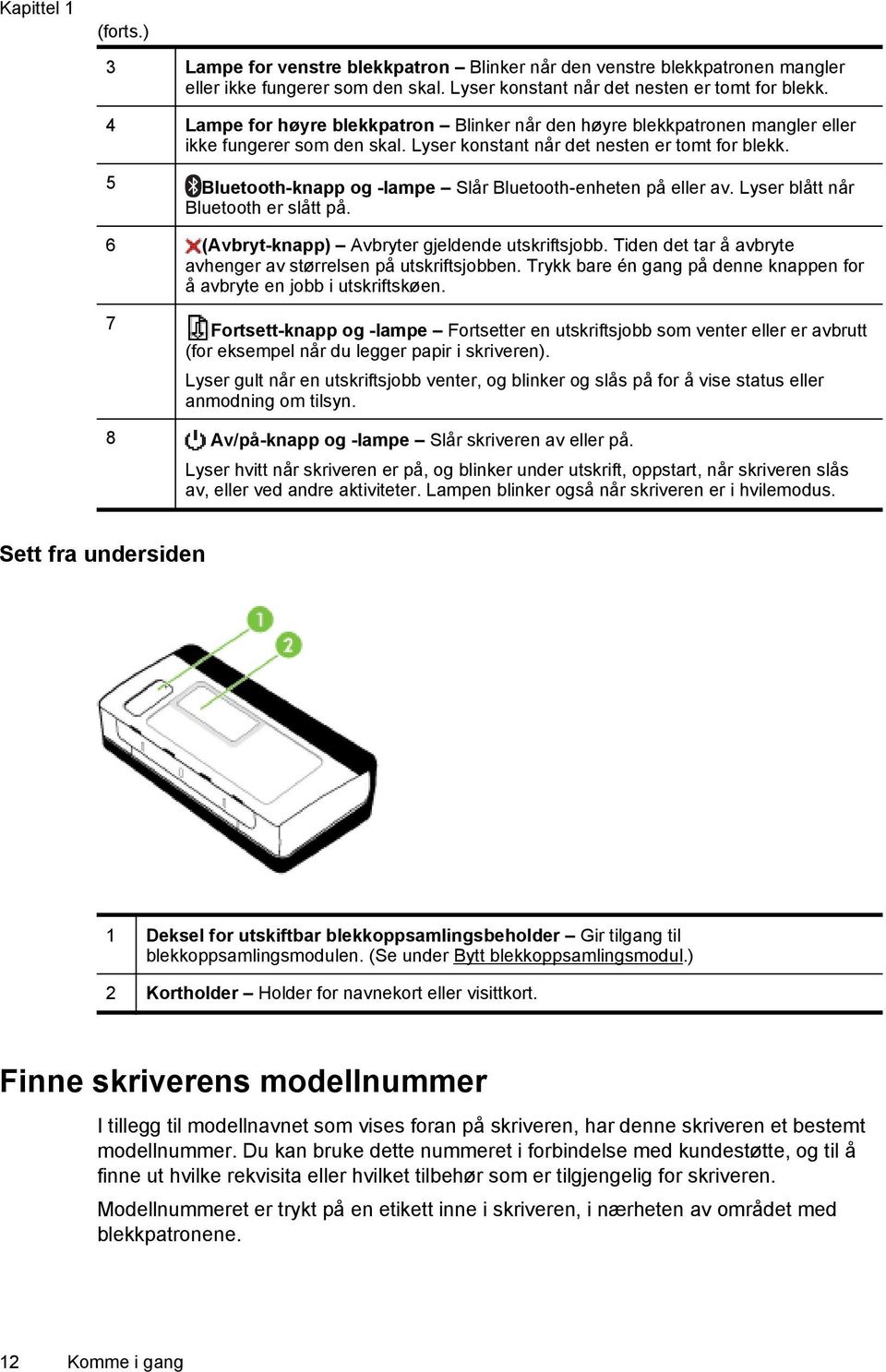 5 Bluetooth-knapp og -lampe Slår Bluetooth-enheten på eller av. Lyser blått når Bluetooth er slått på. 6 (Avbryt-knapp) Avbryter gjeldende utskriftsjobb.