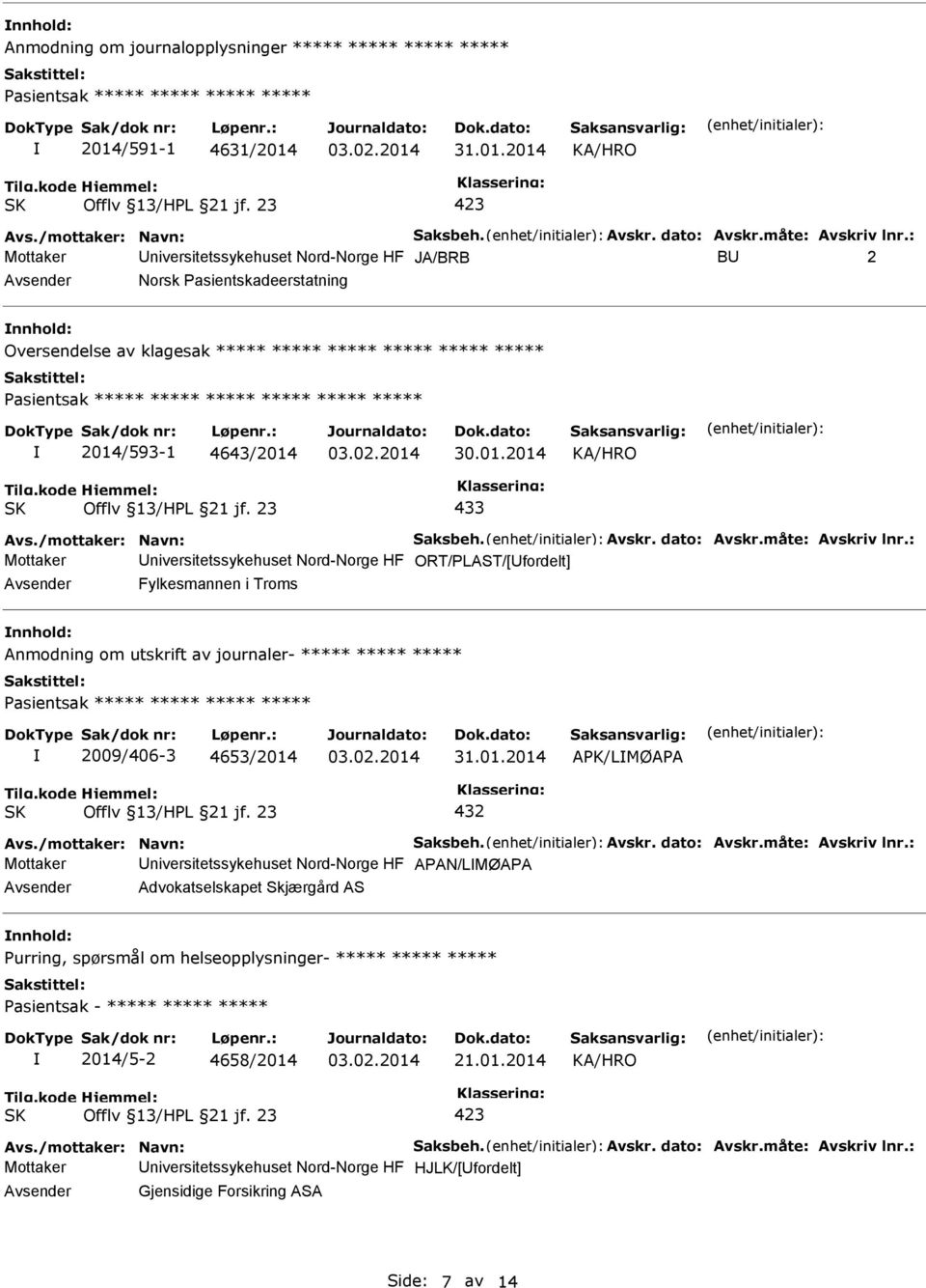 Fylkesmannen i Troms Anmodning om utskrift av journaler- ***** ***** ***** Pasientsak ***** ***** ***** ***** 2009/406-3 4653/2014 APK/LMØAPA Mottaker niversitetssykehuset Nord-Norge HF APAN/LMØAPA