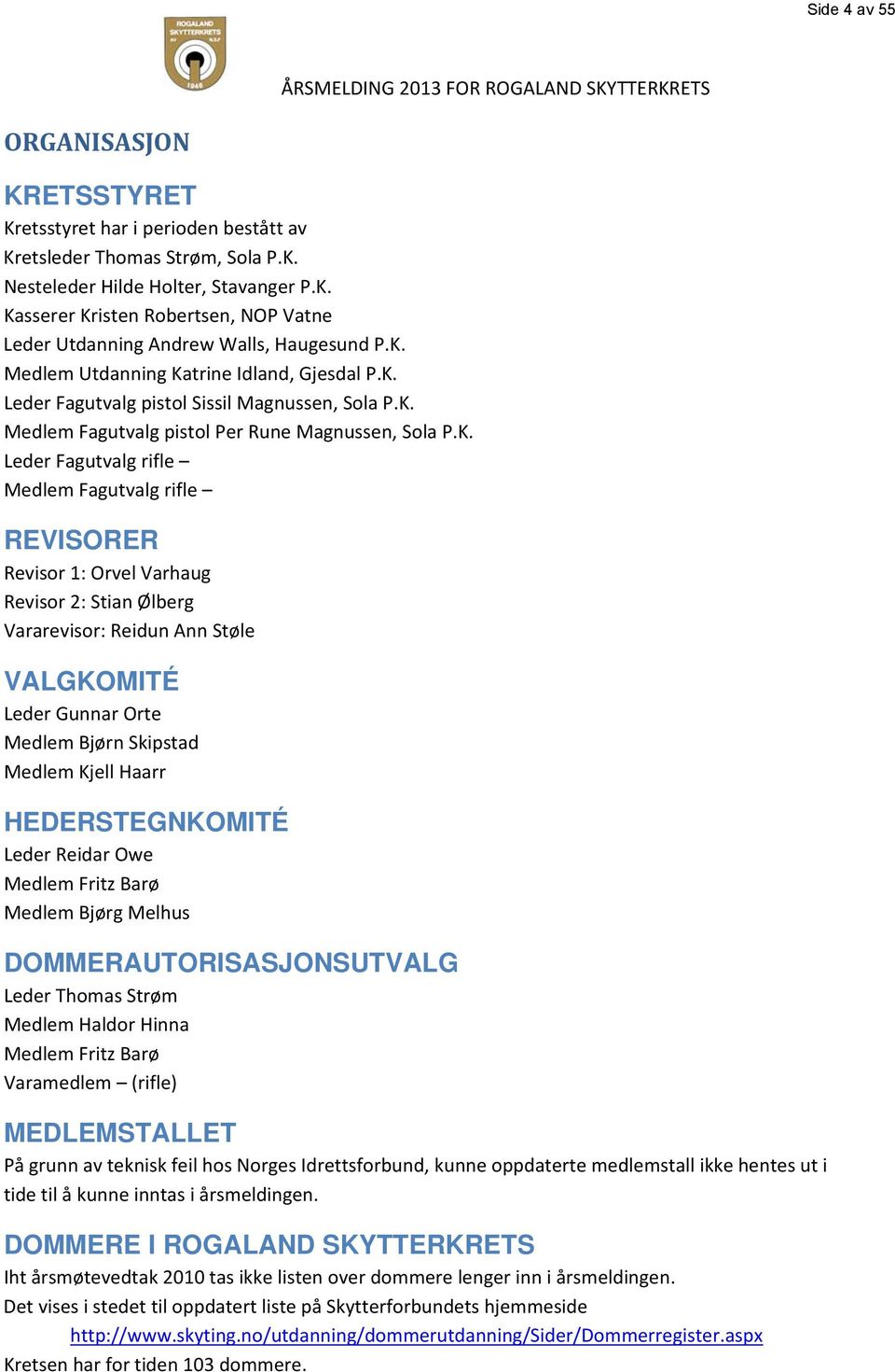 REVISORER Revisor 1: Orvel Varhaug Revisor 2: Stian Ølberg Vararevisor: Reidun Ann Støle VALGKOMITÉ Leder Gunnar Orte Medlem Bjørn Skipstad Medlem Kjell Haarr HEDERSTEGNKOMITÉ Leder Reidar Owe Medlem