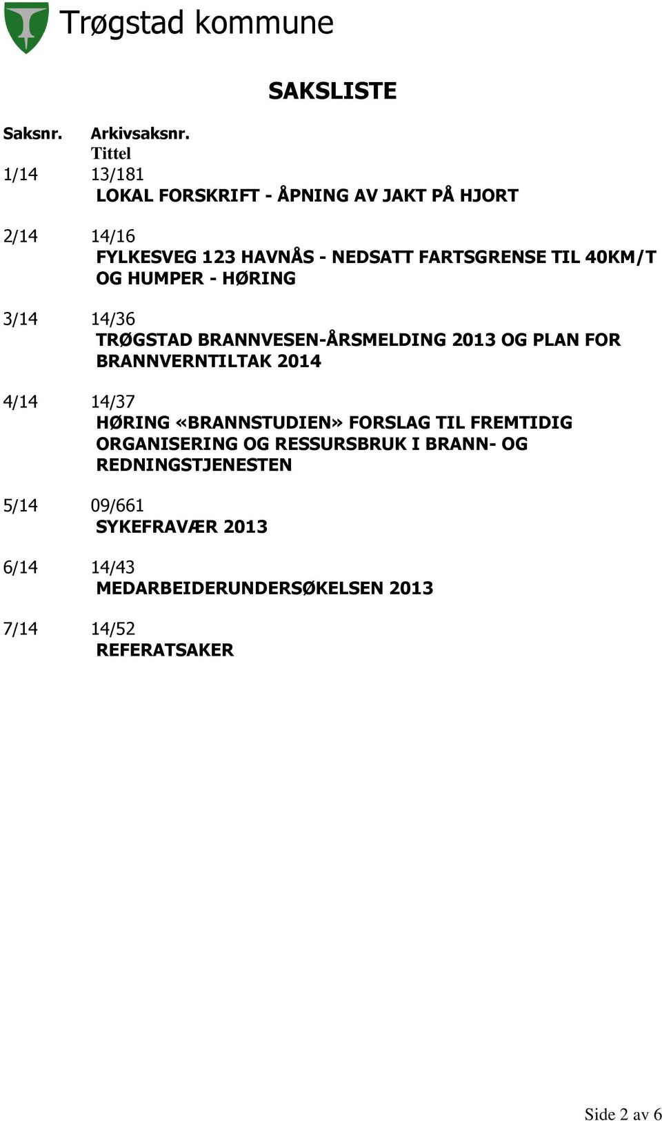 40KM/T OG HUMPER - HØRING 3/14 14/36 TRØGSTAD BRANNVESEN-ÅRSMELDING 2013 OG PLAN FOR BRANNVERNTILTAK 2014 4/14 14/37