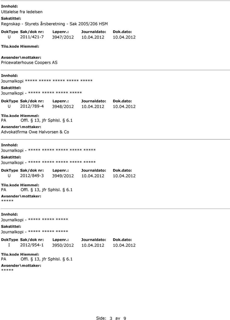 Journalkopi 2012/789-4 3948/2012 Advokatfirma Owe Halvorsen & Co