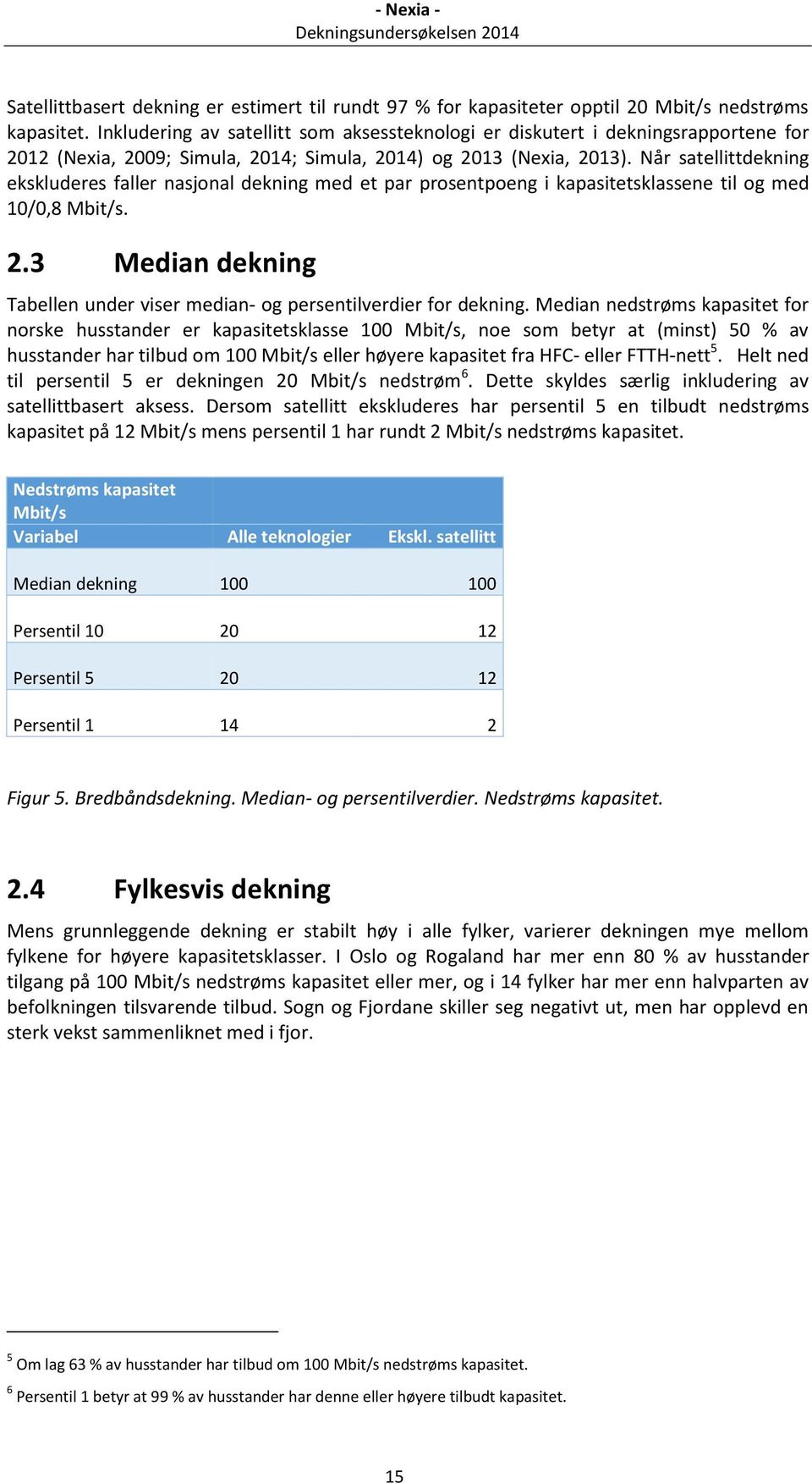 Når satellittdekning ekskluderes faller nasjonal dekning med et par prosentpoeng i kapasitetsklassene til og med 10/0,8 Mbit/s. 2.