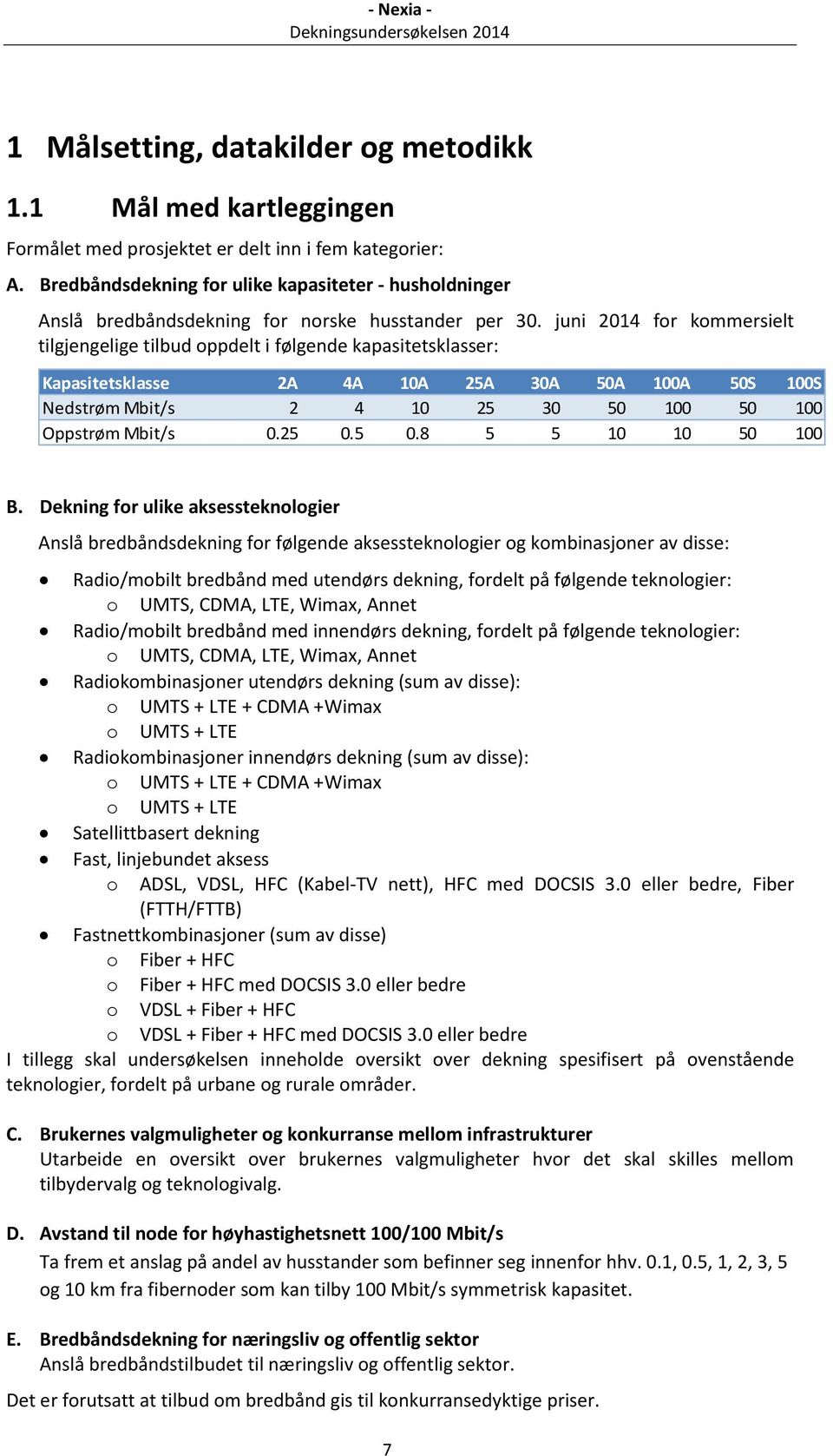 juni 2014 for kommersielt tilgjengelige tilbud oppdelt i følgende kapasitetsklasser: Kapasitetsklasse 2A 4A 10A 25A 30A 50A 100A 50S 100S Nedstrøm Mbit/s 2 4 10 25 30 50 100 50 100 Oppstrøm Mbit/s 0.