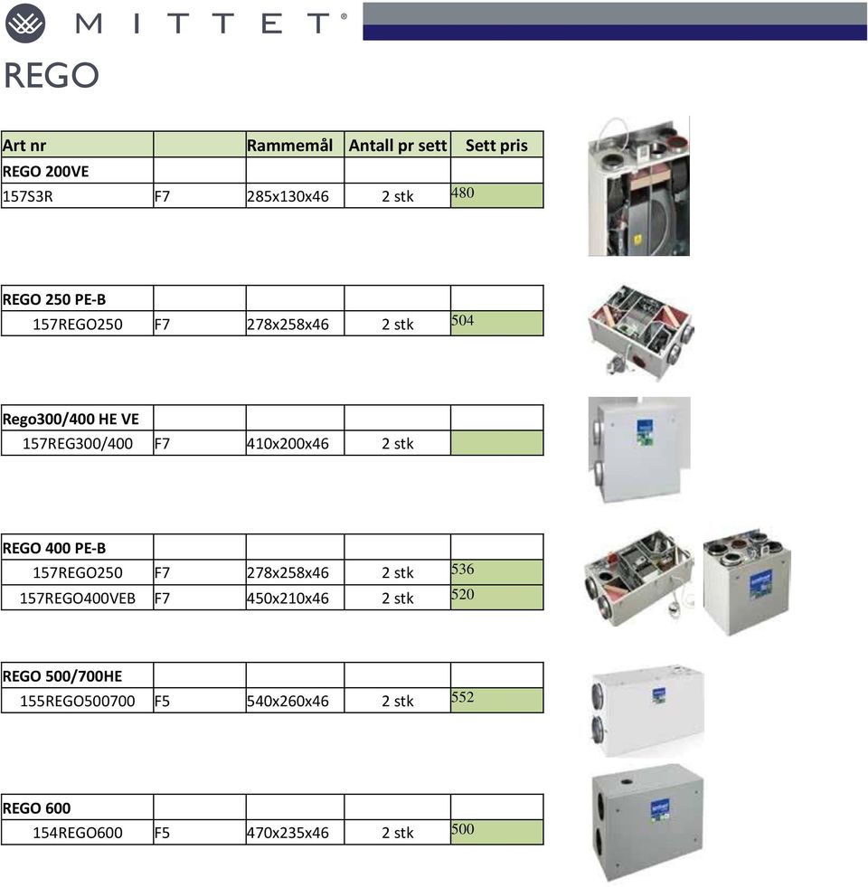 stk REGO 400 PE-B 157REGO250 F7 278x258x46 2 stk 536 157REGO400VEB F7 450x210x46 2 stk 520