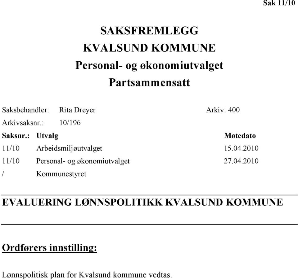 : Utvalg Møtedato 11/10 Arbeidsmiljøutvalget 15.04.2010 11/10 Personal- og økonomiutvalget 27.