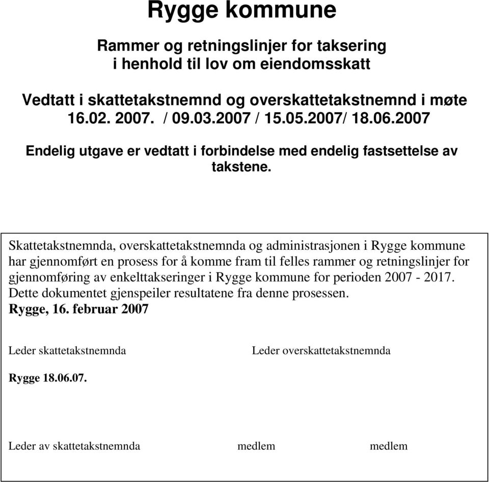 Skattetakstnemnda, overskattetakstnemnda og administrasjonen i Rygge kommune har gjennomført en prosess for å komme fram til felles rammer og retningslinjer for gjennomføring