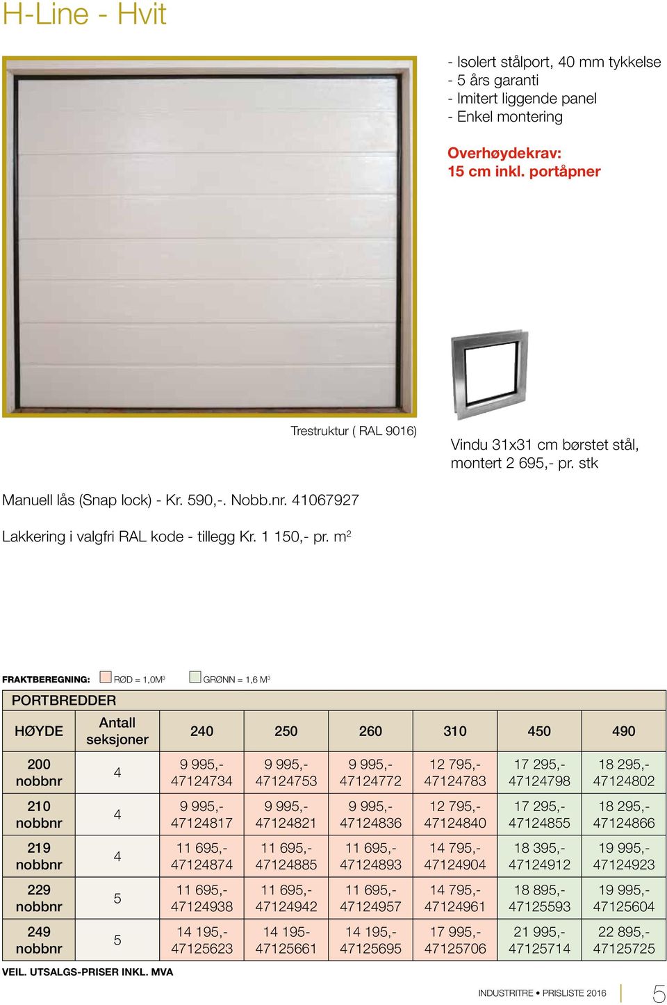 m 2 FRAKTBEREGNING: RØD = 1,0M 3 GRØNN = 1,6 M 3 PORTBREDDER Antall HØYDE seksjoner 200 210 219 229 29 5 5 20 250 260 310 50 90 9 995,- 71273 9 995,- 712817 11 695,- 71287 11 695,- 712938 1 195,-