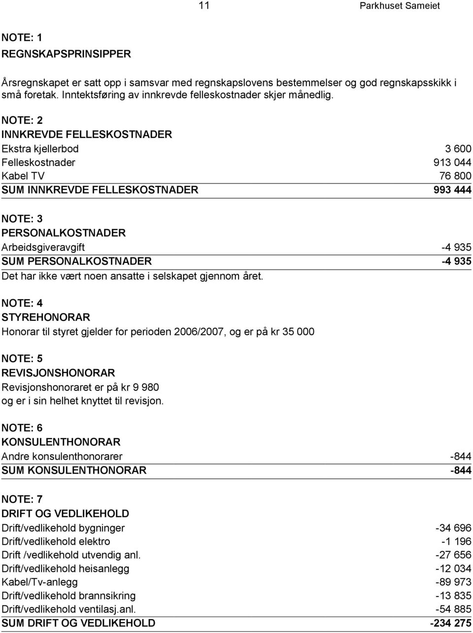 NOTE: 2 INNKREVDE FELLESKOSTNADER Ekstra kjellerbod 3 600 Felleskostnader 913 044 Kabel TV 76 800 SUM INNKREVDE FELLESKOSTNADER 993 444 NOTE: 3 PERSONALKOSTNADER Arbeidsgiveravgift -4 935 SUM