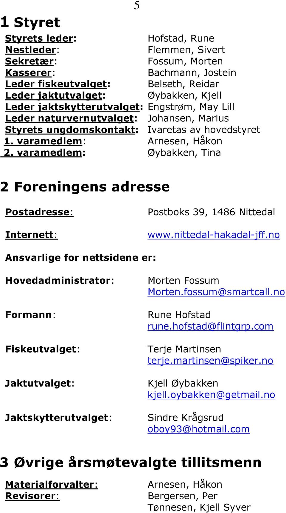 varamedlem: Øybakken, Tina 5 2 Foreningens adresse Postadresse: Internett: Postboks 39, 1486 Nittedal www.nittedal-hakadal-jff.