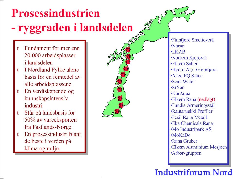 50% av vareeksporten fra Fastlands-Norge En prosessindustri blant de beste i verden på klima og miljø Finnfjord Smelteverk Norne LKAB Norcem Kjøpsvik Elkem Salten Hydro