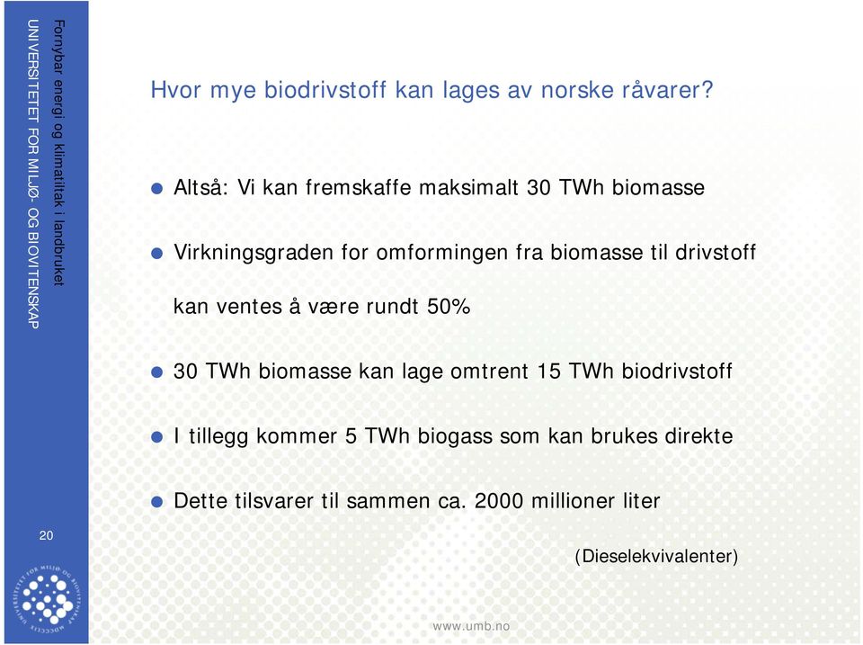 biomasse til drivstoff kan ventes å være rundt 50% 30 TWh biomasse kan lage omtrent 15 TWh