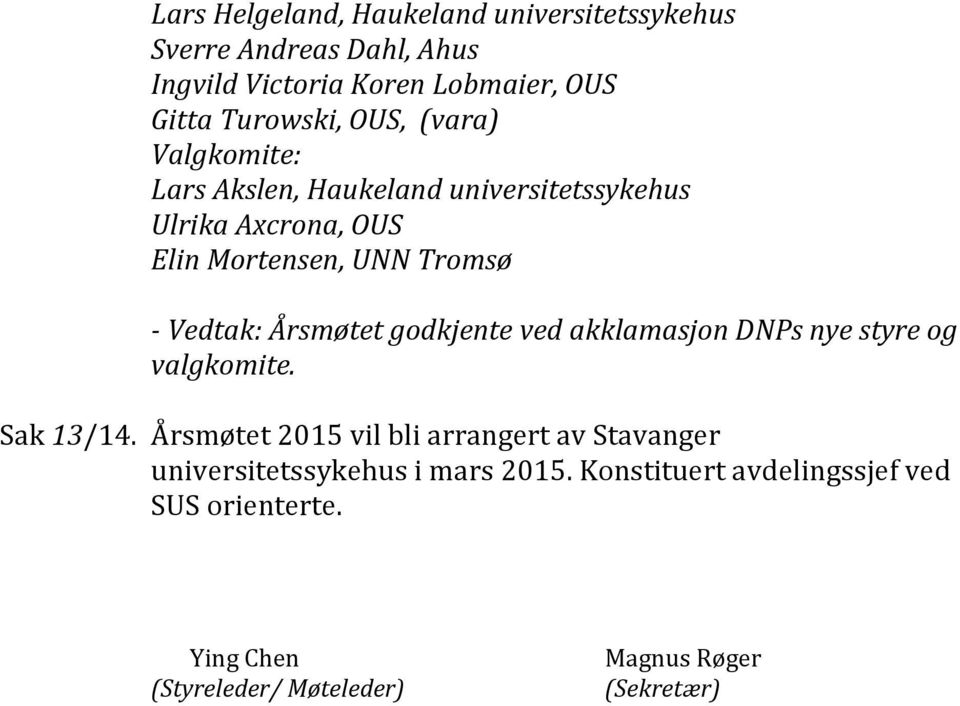 Årsmøtet godkjente ved akklamasjon DNPs nye styre og valgkomite. Sak 13/14.